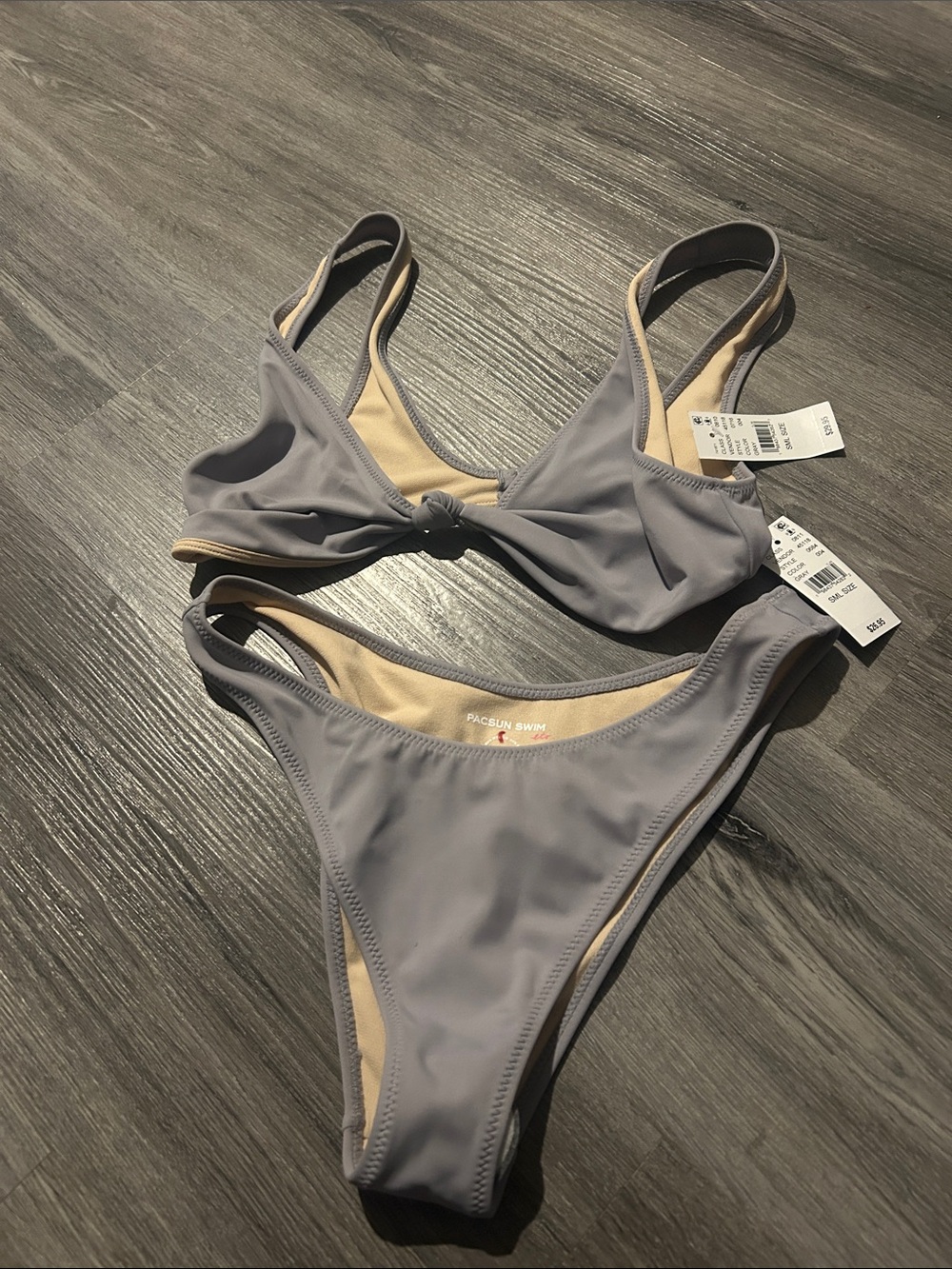 PacSun Gray Knot Front Bikini Set with Beige Lining